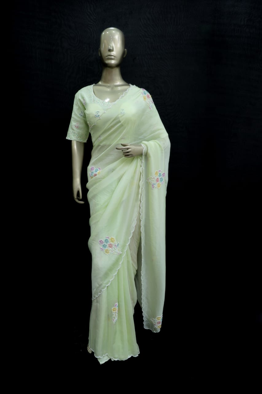Light lemon saree with pearl beads handwork