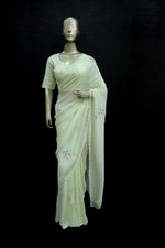 Load image into Gallery viewer, Light lemon saree with pearl beads handwork
