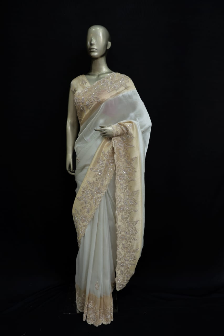 Grey mysore silk saree with antique handwork