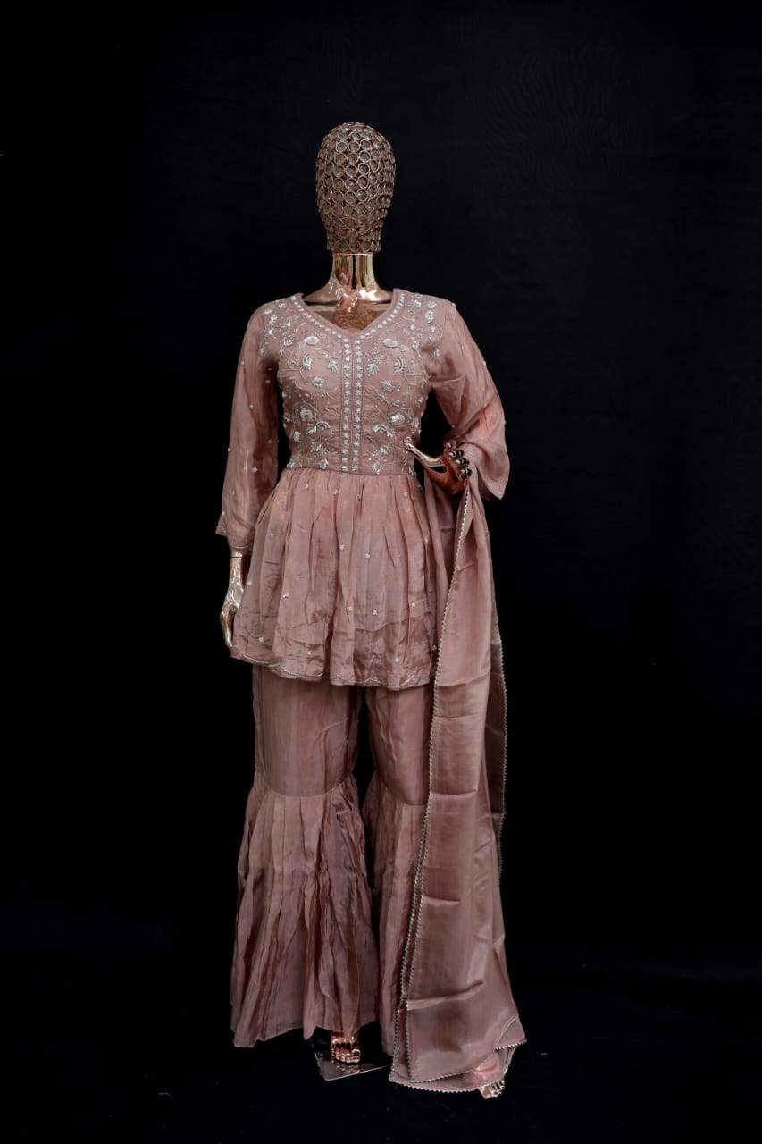 Light peach garara set with pearl handwork