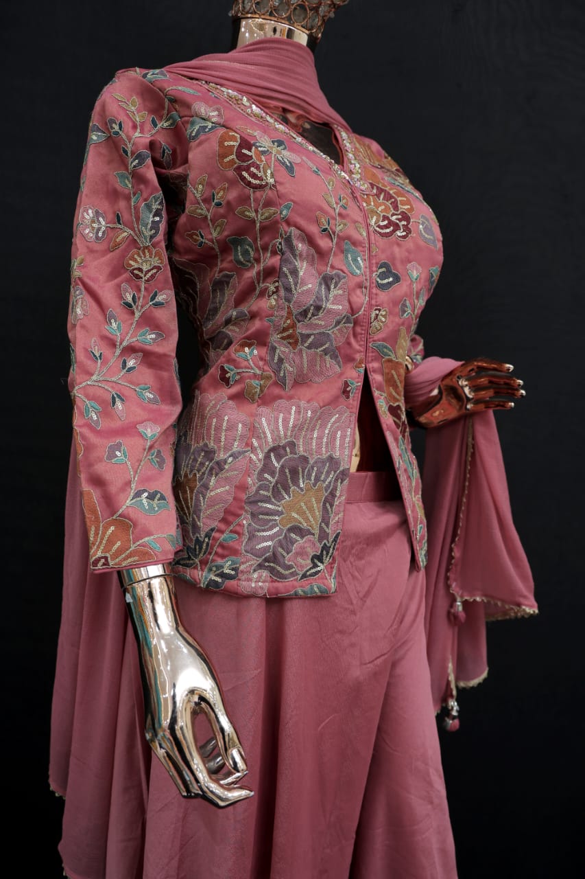 Jacket style co ord set with multicolour embroidery