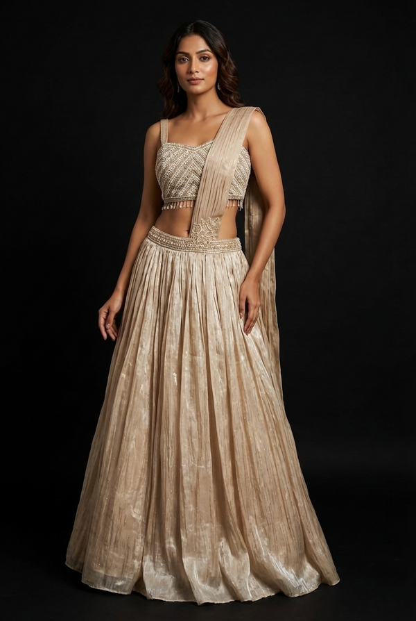 Crop top style dress in shining crepe fabric