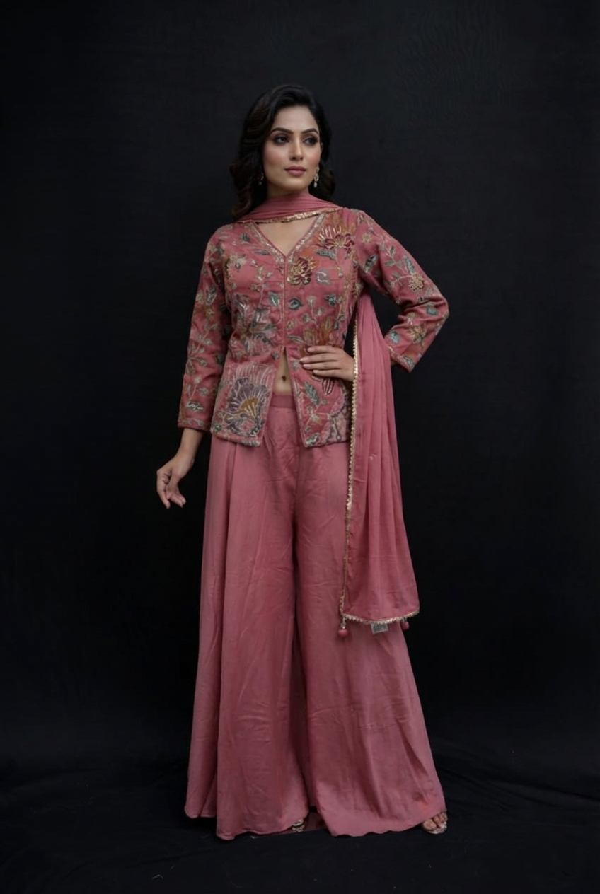 Rose copper co ord set suit with resham work
