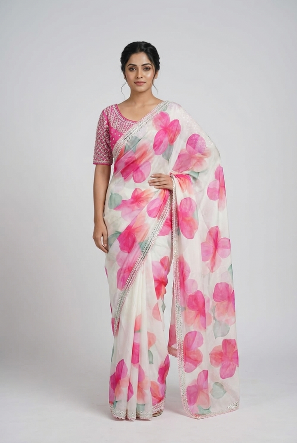 Pure silk printed saree in cream and pink
